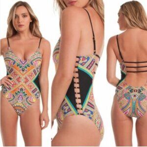 TRINA TURK Nepal Printed One Piece Swimsuit Beaded Cut Out Side Strappy Back